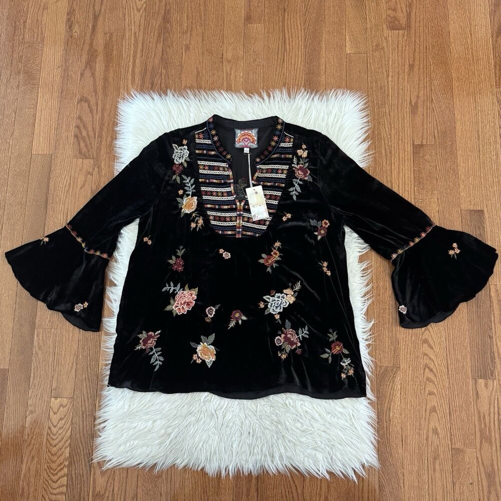 Johnny Was Sisilia Floral Embroidered Velvet Peasant Blouse Large Silk Boho NWT - Picture 2 of 12